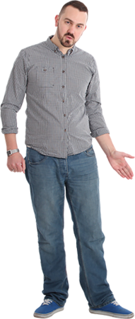Bearded man in plaid shirt, standing with arm stretched, palm up